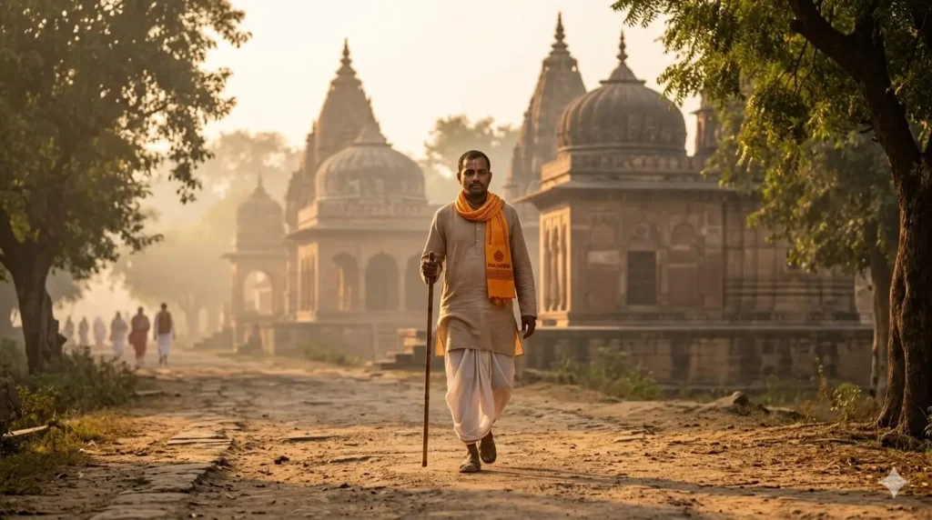 Man in traditional clothes with a walking stick doing Braj 84 Kos Parikrama at sunrise