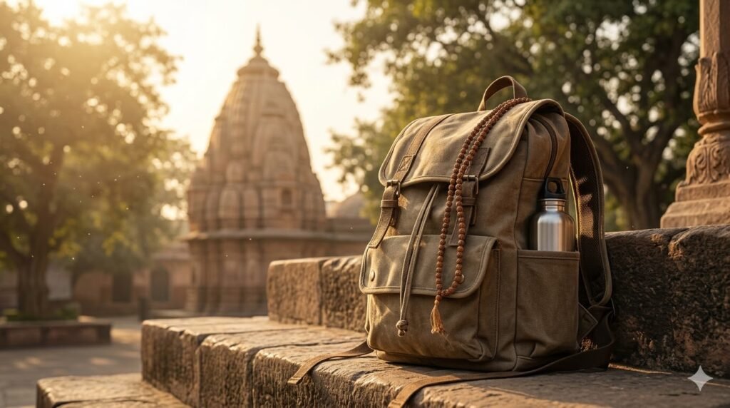 BrajVerse spiritual packing list essentials with backpack and mala near temple