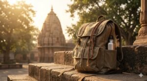 BrajVerse spiritual packing list essentials with backpack and mala near temple