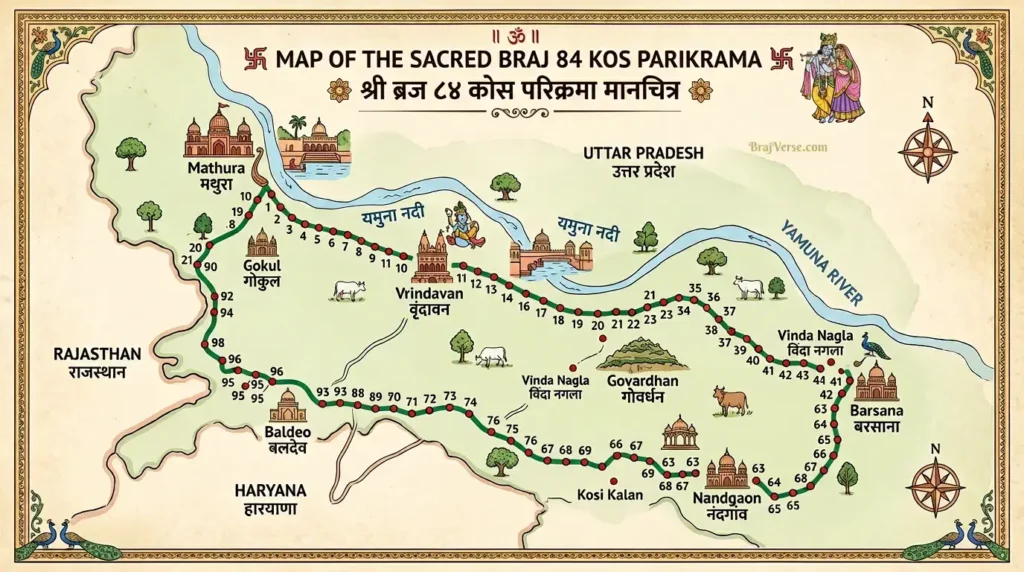 Exclusive Braj 84 Kos Parikrama 95 Stops Village-wise Route Map 2026